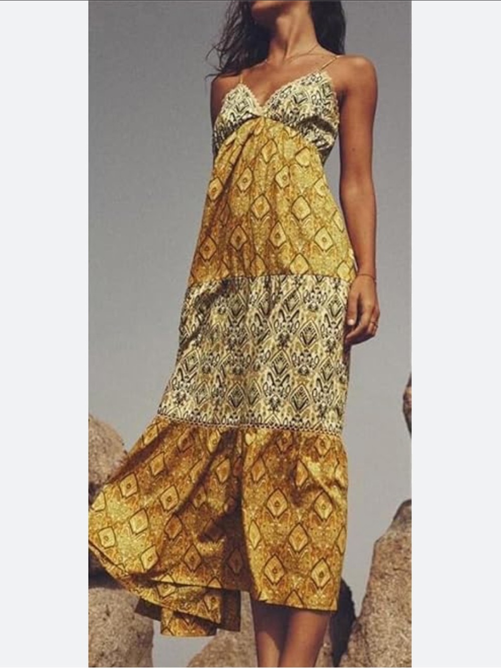 Mi Ami Boho Yellow Gold Printed Tiered  💯 Cotton Dress